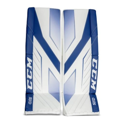 CCM Axis Senior Goalie Leg Pads -Warrior Store ccm leg pads ccm axis senior goalie leg pads white blue 34 2 28744295415874